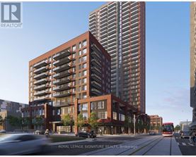 A modern building with a red brick facade is depicted in the image.