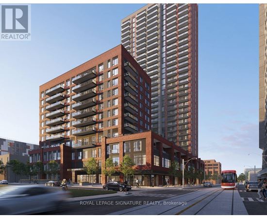 A modern building with a red brick facade is depicted in the image.