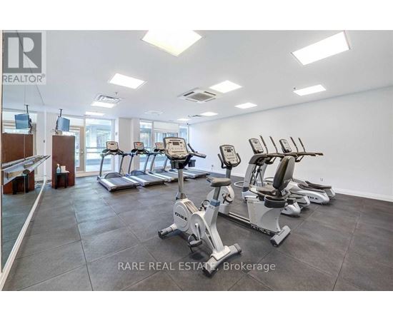 A gym with a row of treadmills and exercise bikes.