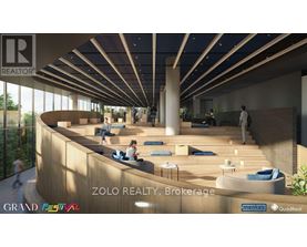 A modern interior space with people walking and sitting, labeled as Zolo Realty, Brokerage.