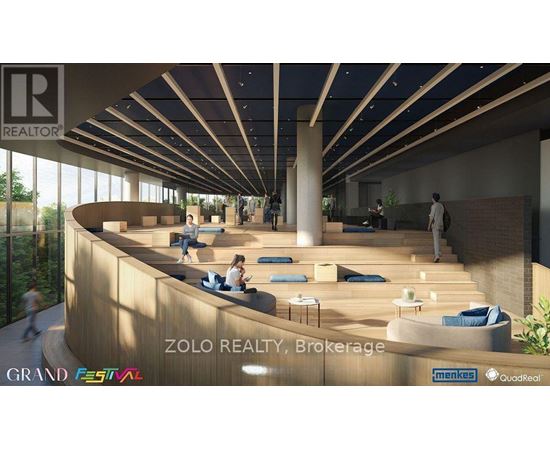 A modern interior space with people walking and sitting, labeled as Zolo Realty, Brokerage.