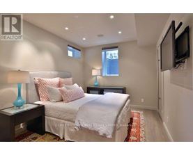 A bedroom with a bed, two lamps, and a television.