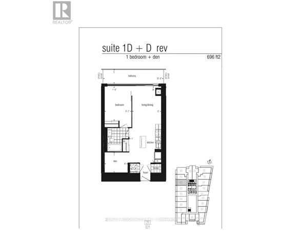 A black and white floor plan of a suite with a bedroom, living room, kitchen, and bathroom.