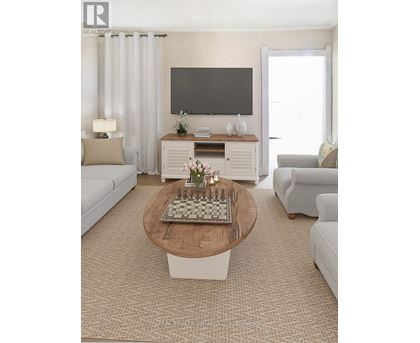 A living room with a chess board on the coffee table.