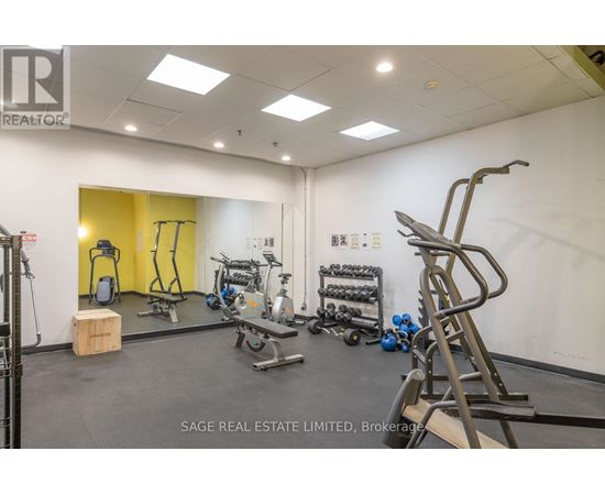 A gym with a variety of equipment including a treadmill, weights, and a bench press.
