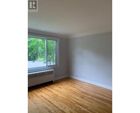 A room with wood flooring and a window overlooking a tree-filled street.