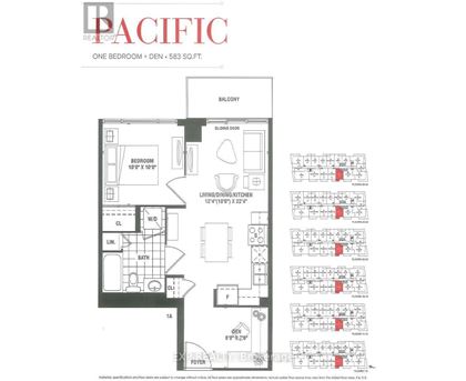 A floor plan for a one bedroom apartment with a den is shown.
