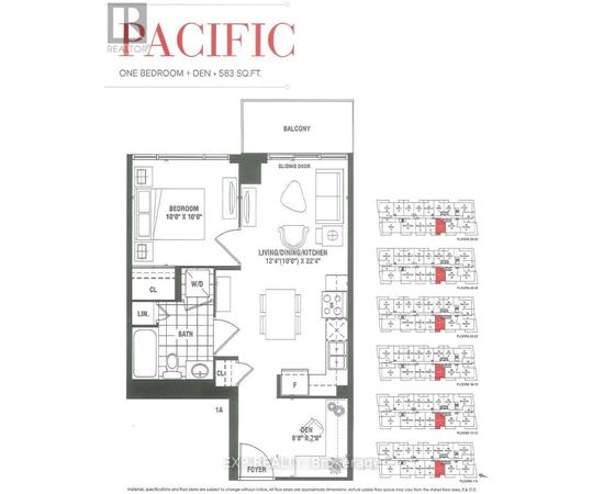 A floor plan for a one bedroom apartment with a den is shown.