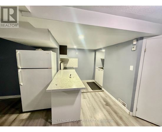 A kitchen with a white fridge and a counter top.