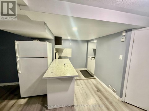 A kitchen with a white fridge and a counter top.