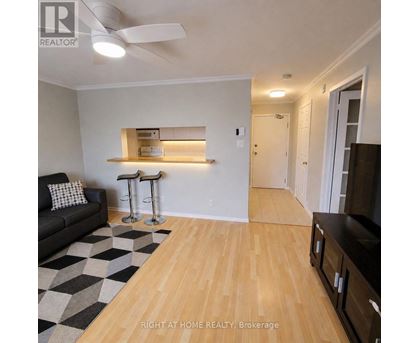A living room with a black couch and a checkered rug.