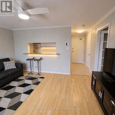 A living room with a black couch and a checkered rug.