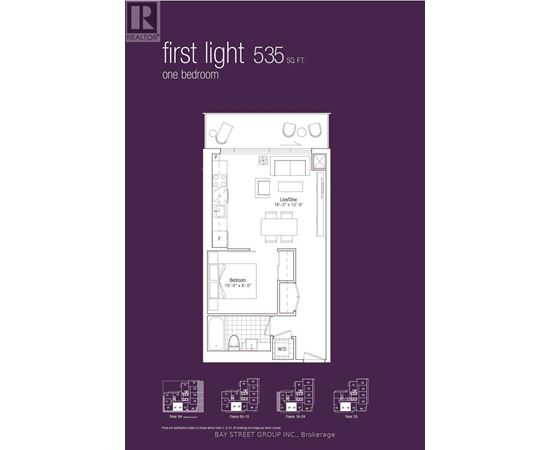 A real estate advertisement for a 535 square foot one bedroom apartment.