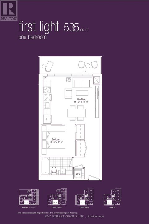 A real estate advertisement for a 535 square foot one bedroom apartment.