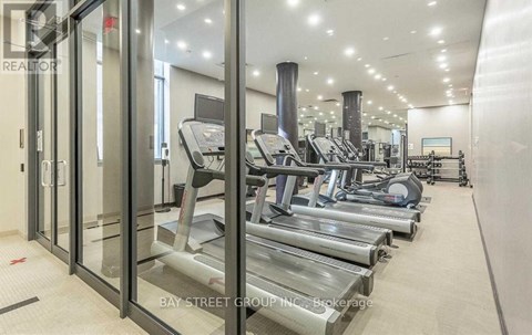 A gym with treadmills and other exercise equipment.