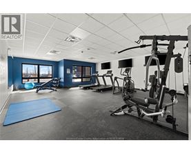A gym with a variety of equipment including a treadmill, weights, and a bench press.