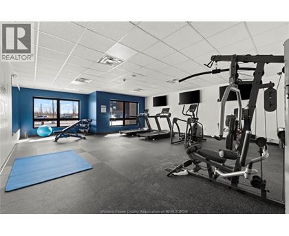 A gym with a variety of equipment including a treadmill, weights, and a bench press.