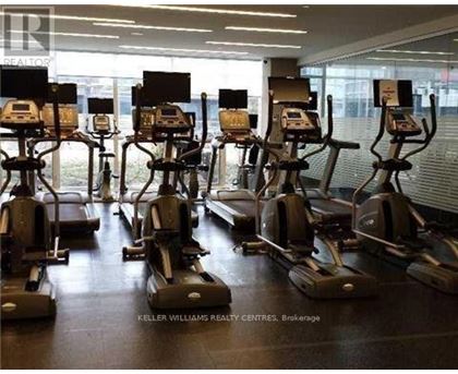 A gym with treadmills and a sign that says Keller Williams Realty Centres.