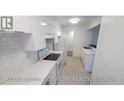 A white kitchen with a refrigerator, oven, and sink.