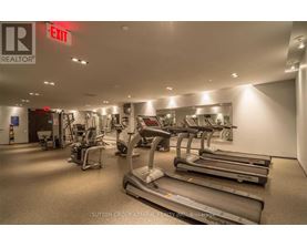 A gym with treadmills, elliptical machines and other exercise equipment.