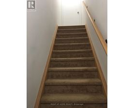 A staircase with a wooden handrail and beige carpeted steps.