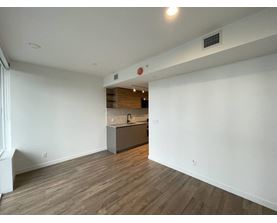 A room with a kitchen area in the background.