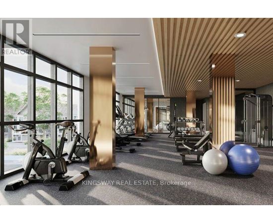 A gym with a variety of equipment including treadmills, weights and exercise balls.