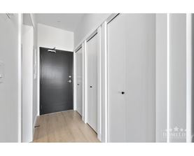 A hallway with white walls and a black door.