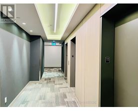 A hallway with a green door and a white door.