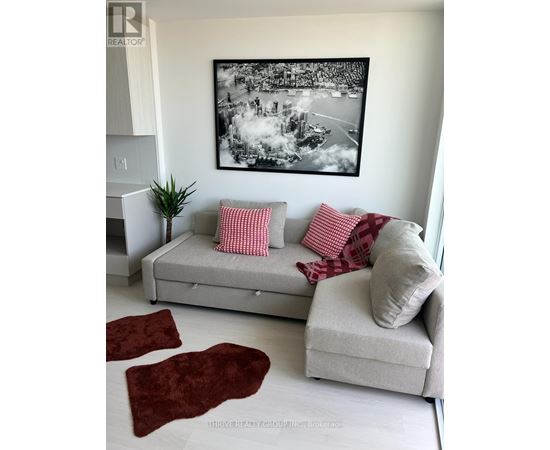 A living room with a grey couch, red pillows, and a large black and white picture on the wall.
