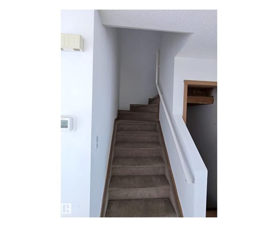 A staircase with a white railing and a brown carpet.