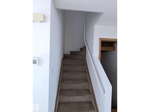 A staircase with a white railing and a brown carpet.