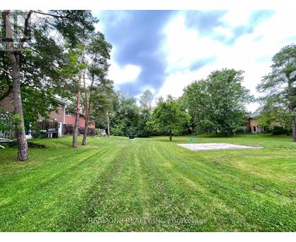A grassy field with trees and a building in the background.