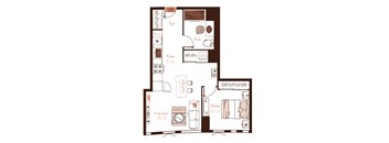 Eva apartment floor plan showing the layout, room configuration and approximate dimensions.