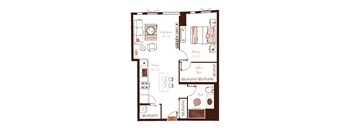 Eva apartment floor plan showing the layout, room configuration and approximate dimensions.