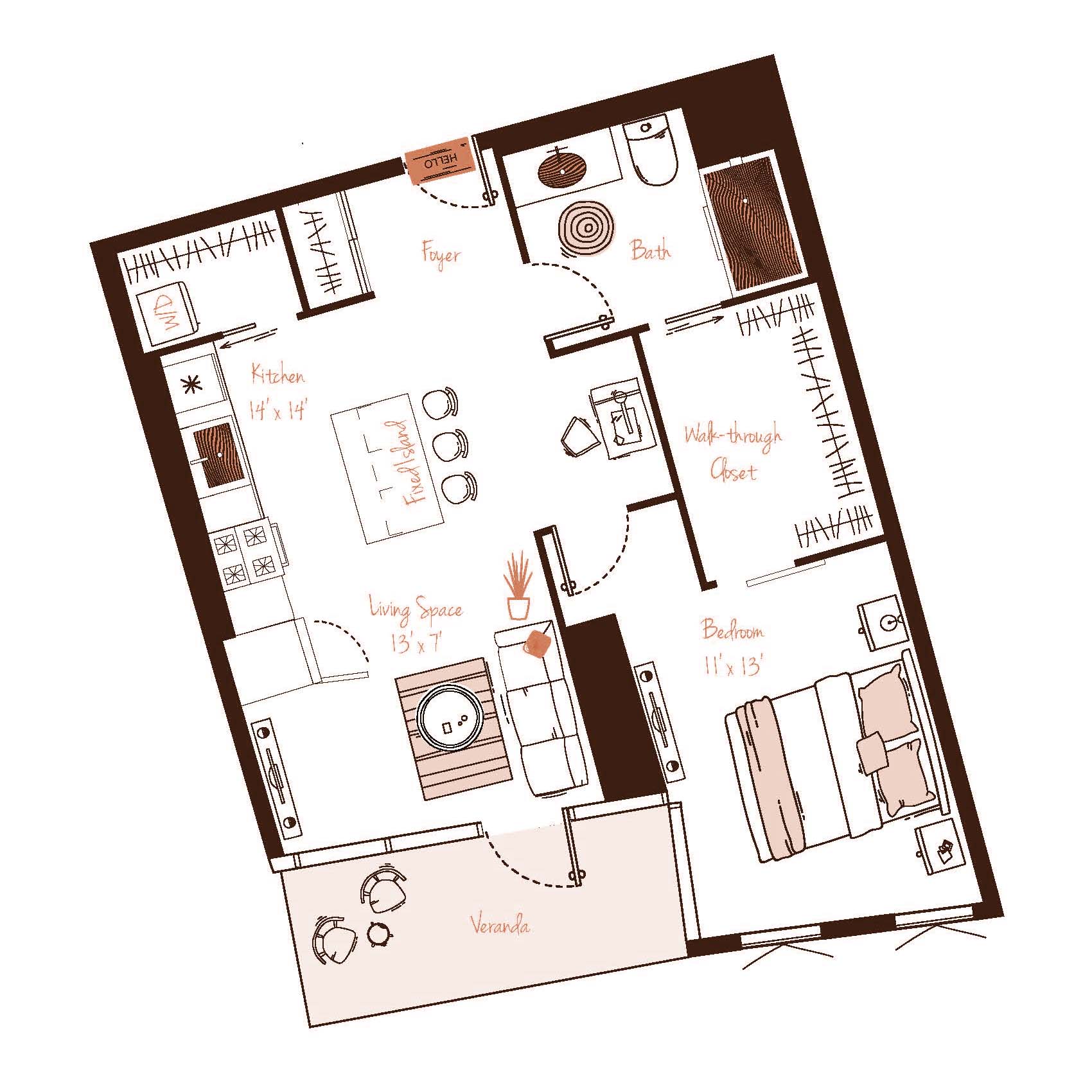 Eva apartment floor plan showing the layout, room configuration and approximate dimensions.