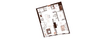 Eva apartment floor plan showing the layout, room configuration and approximate dimensions.