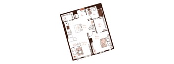 Eva apartment floor plan showing the layout, room configuration and approximate dimensions.