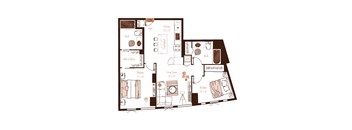 Eva apartment floor plan showing the layout, room configuration and approximate dimensions.