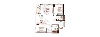 Eva apartment floor plan showing the layout, room configuration and approximate dimensions.