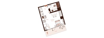Eva apartment floor plan showing the layout, room configuration and approximate dimensions.