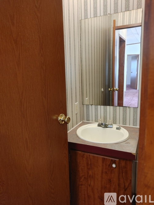 A bathroom with a wooden door and a sink.