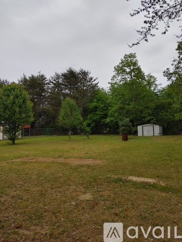 A grassy field with trees and a shed in the background.