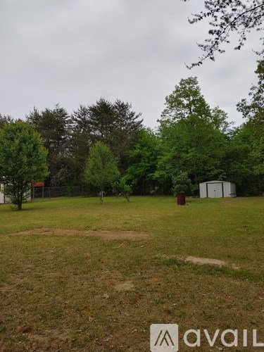 A grassy field with trees and a shed in the background.