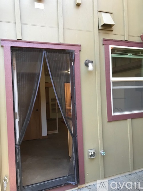 A door with a glass window is open.