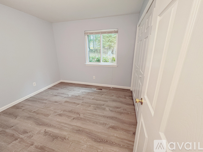 A room with a wooden floor and a window with a view of trees.