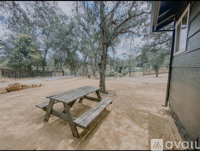 A wooden picnic table sits in the middle of a sandy area with trees in the background.