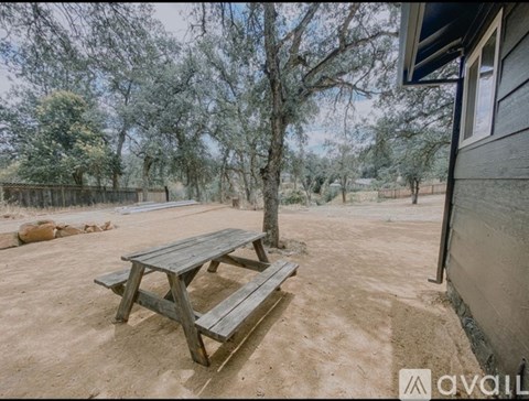 A wooden picnic table sits in the middle of a sandy area with trees in the background.