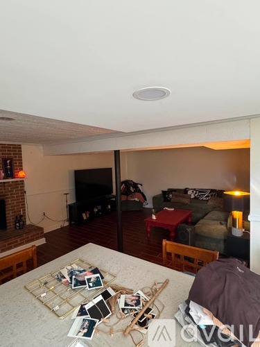A living room with a couch, a coffee table, a fireplace, and a person sitting on the couch.
