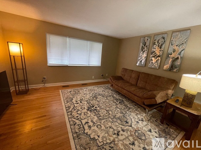 A living room with a brown couch, a rug, and a lamp.